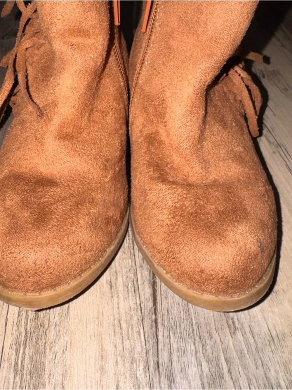 Rampage Kids Suede Fringe Ankle Booties- Cognac Brown